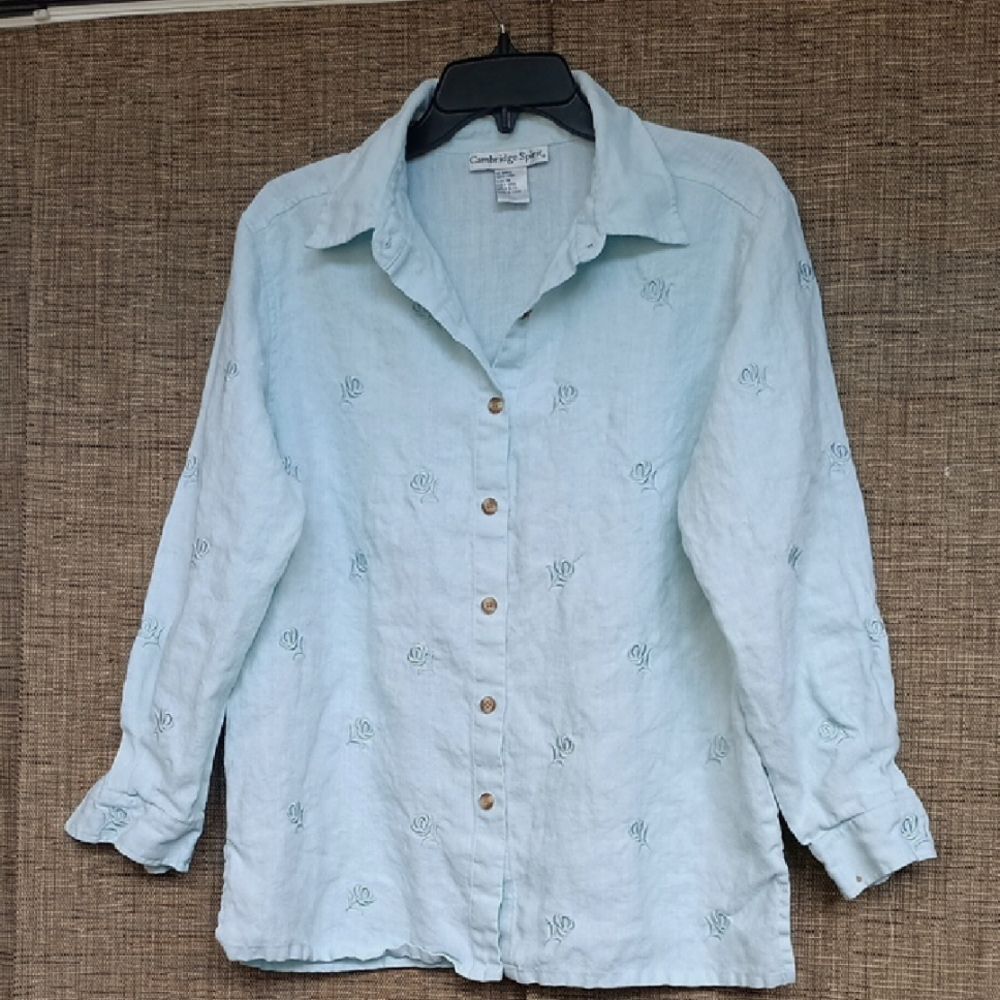 Linen Light Blue Button-Up Embroidered Shirt